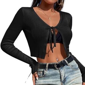 Wilfred Tie Front Black Ribbed Cropped Lightweight Cardigan